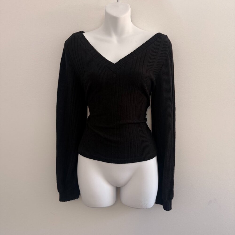 Black Ribbed Deep V Bell Sleeve Blouse | Size L - Picture 3 of 8
